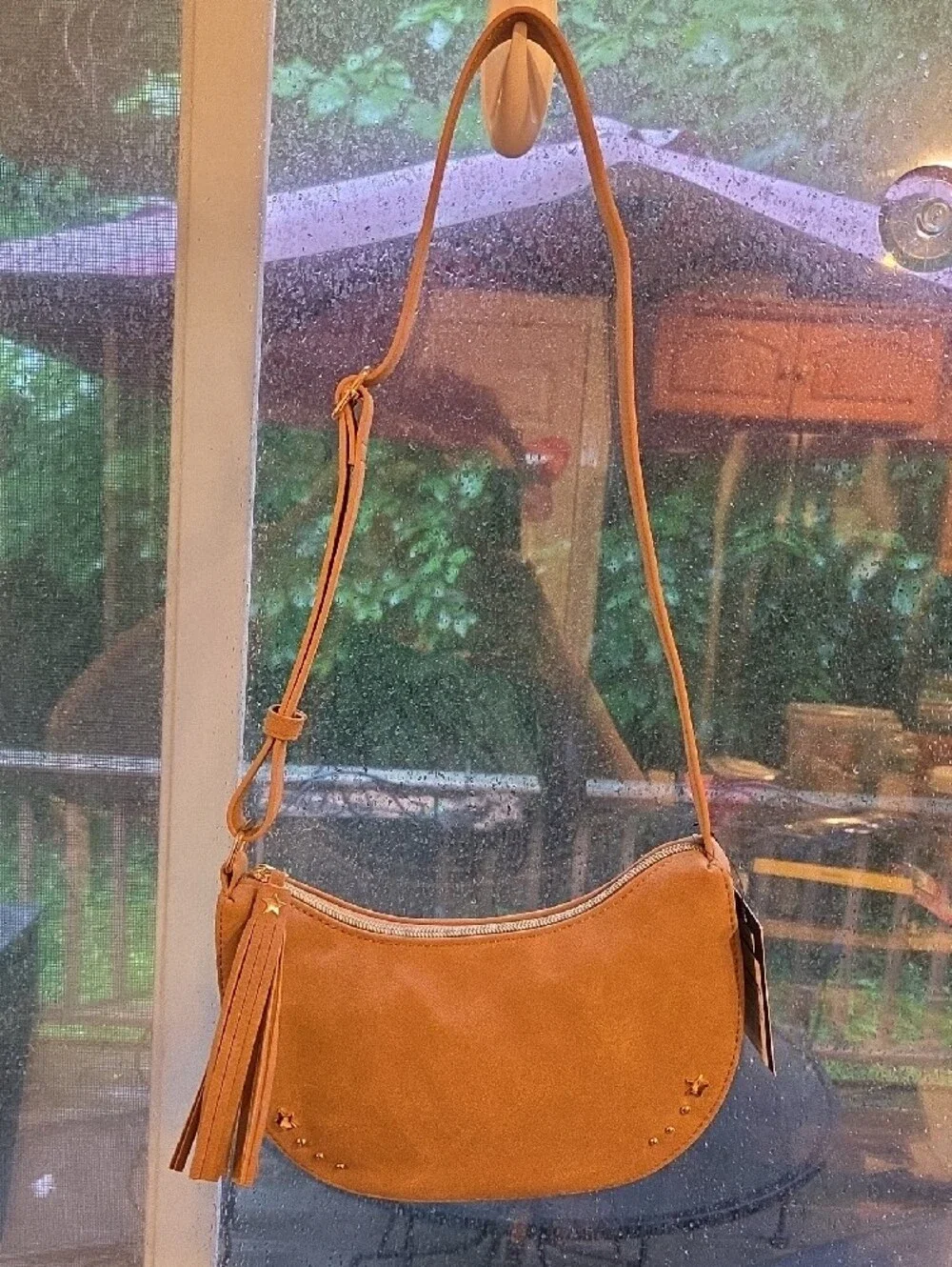 Girls Tan Crescent Crossbody Bag With Gold Stars